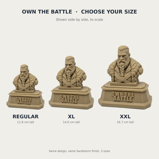 Own the Battle (Warrior) desk trophy, Regular, XL and XXL sizes compared