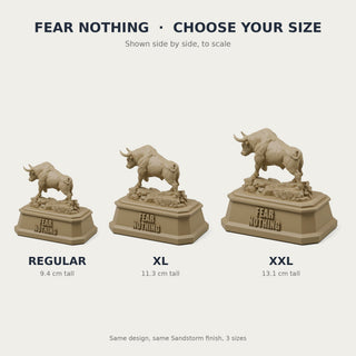 Fear Nothing (Bull) desk trophy, Regular, XL and XXL sizes compared