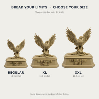 Break Your Limits (Eagle) desk trophy, Regular, XL and XXL sizes compared