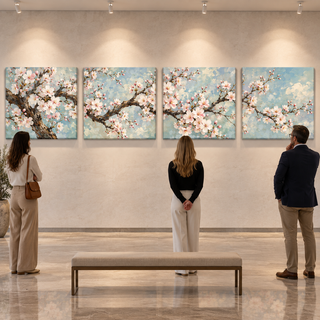 Blossom Sonata: Four-panel canvas set displayed in an art gallery.