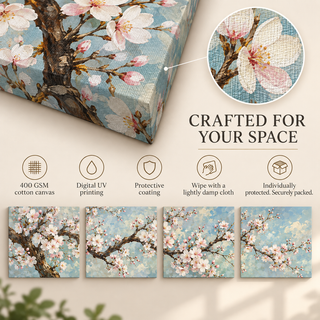 Blossom Sonata: Canvas guide showing material, printed sides, care and secure packaging.