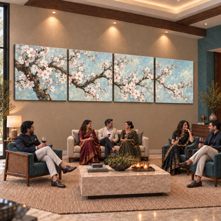 Blossom Sonata: Four-panel canvas set in a styled living room with adults socialising.