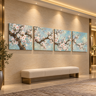 Blossom Sonata: Four-panel canvas set in a hotel hallway.