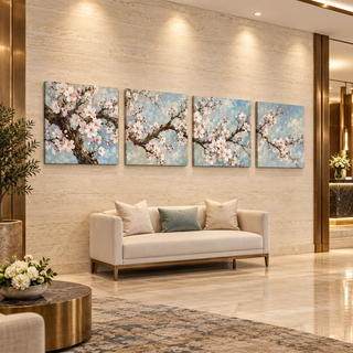 Blossom Sonata: Four-panel canvas set in a hotel lobby.