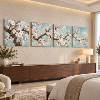 Blossom Sonata: Four-panel canvas set in a spacious hotel suite.