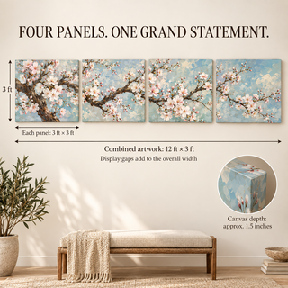 Blossom Sonata: Size guide showing four 36-inch square panels and 144-inch combined artwork width excluding gaps.
