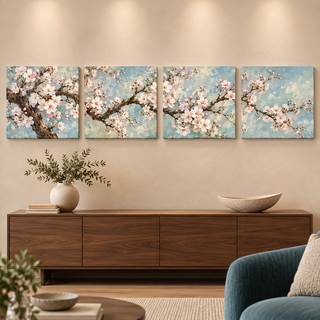 Blossom Sonata: Straight view of four square canvas panels.