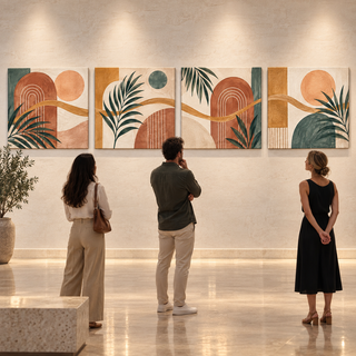 Bohemian Rhythm: Four-panel canvas set displayed in an art gallery.