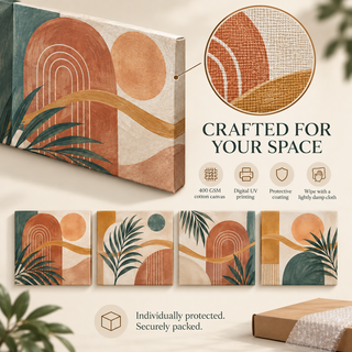 Bohemian Rhythm: Canvas guide showing material, printed sides, care and secure packaging.