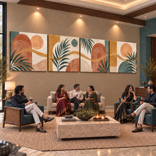 Bohemian Rhythm: Four-panel canvas set in a styled living room with adults socialising.