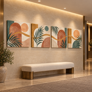 Bohemian Rhythm: Four-panel canvas set in a hotel hallway.