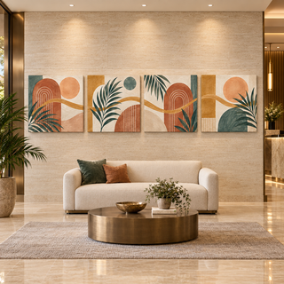 Bohemian Rhythm: Four-panel canvas set in a hotel lobby.