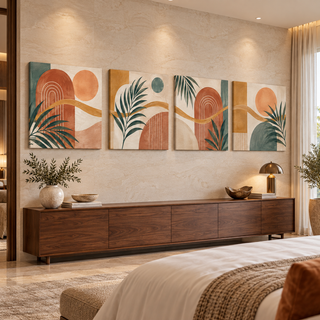 Bohemian Rhythm: Four-panel canvas set in a spacious hotel suite.