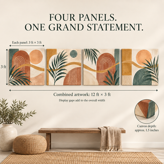 Bohemian Rhythm: Size guide showing four 36-inch square panels and 144-inch combined artwork width excluding gaps.