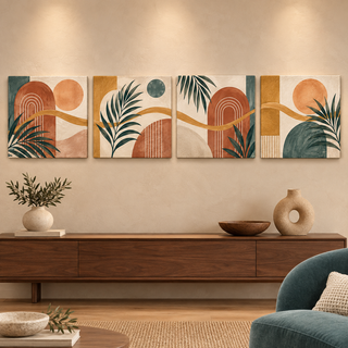 Bohemian Rhythm: Straight view of four square canvas panels.
