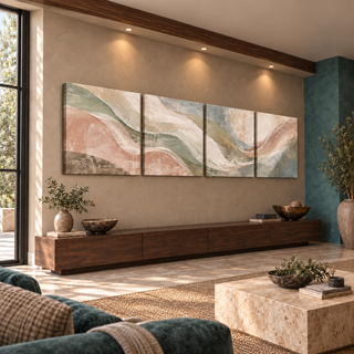 Earth in Bloom four-panel canvas set with continuous pastel abstract curves in blush, sage, sand, ivory and muted blue-grey, displayed from the left in a beige-and-teal interior.