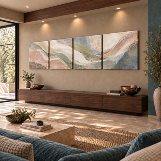 Right-angle view of Earth in Bloom, showing four coordinated canvas panels and their printed gallery-wrapped sides.