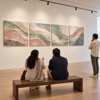 Visitors viewing Earth in Bloom, displayed as a four-panel composition on a light gallery wall.