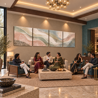 Earth in Bloom four-panel canvas set above a seating area with six adults chatting in a styled luxury living room.