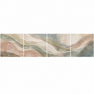 Earth in Bloom, showing continuous pastel abstract curves in blush, sage, sand, ivory and muted blue-grey across four panels on a white presentation background.