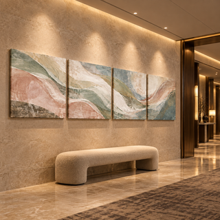 Earth in Bloom four-panel canvas set displayed above a cream bench in a warmly lit stone hotel hallway.
