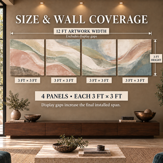 Size guide for Earth in Bloom: four 3 ft square canvases, 12 ft combined artwork width excluding display gaps.