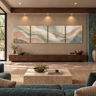 Front view of Earth in Bloom, a continuous composition displayed across four square canvas panels.