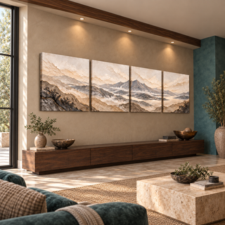 The Eternal Range four-panel mountain canvas displayed from the left in a luxury beige and muted-teal interior.