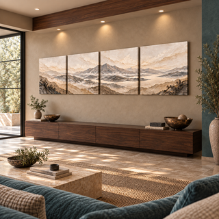 The Eternal Range four-panel mountain canvas displayed from the right in an elegant contemporary interior.