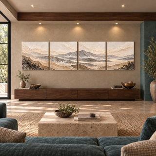 Straight-on styled interior view of The Eternal Range four-panel mountain canvas set.