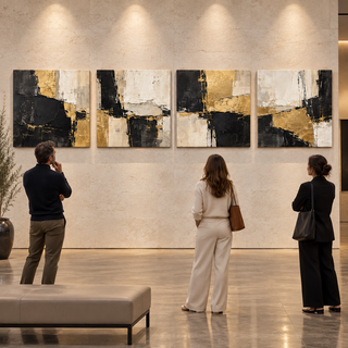 Gilded Monolith: Four-panel canvas set displayed in an art gallery.