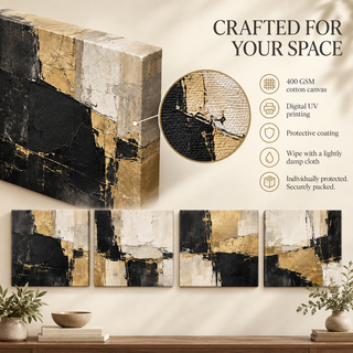 Gilded Monolith: Canvas guide showing material, printed sides, care and secure packaging.