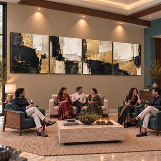 Gilded Monolith: Four-panel canvas set in a styled living room with adults socialising.