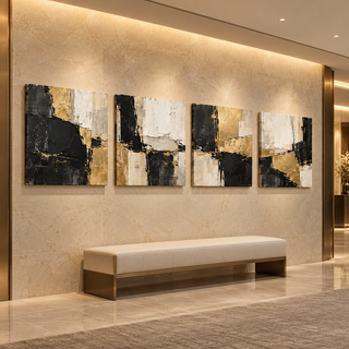 Gilded Monolith: Four-panel canvas set in a hotel hallway.