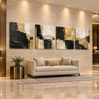 Gilded Monolith: Four-panel canvas set in a hotel lobby.