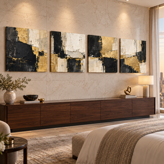 Gilded Monolith: Four-panel canvas set in a spacious hotel suite.