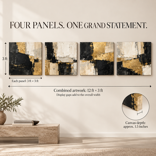 Gilded Monolith: Size guide showing four 36-inch square panels and 144-inch combined artwork width excluding gaps.