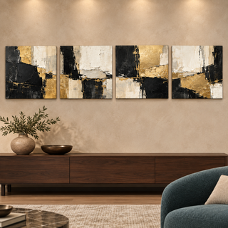 Gilded Monolith: Straight view of four square canvas panels.
