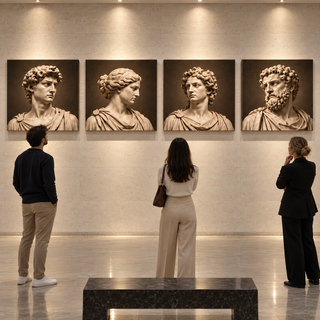 Marble Atelier: Four-panel canvas set displayed in an art gallery.