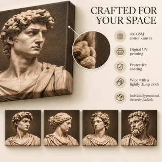 Marble Atelier: Canvas guide showing material, printed sides, care and secure packaging.
