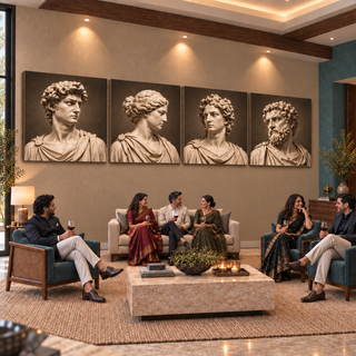Marble Atelier: Four-panel canvas set in a styled living room with adults socialising.