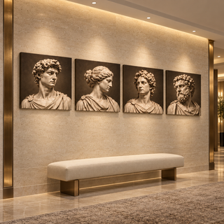 Marble Atelier: Four-panel canvas set in a hotel hallway.