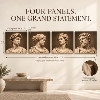 Marble Atelier: Size guide showing four 36-inch square panels and 144-inch combined artwork width excluding gaps.