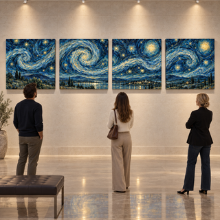 Midnight Reverie: Four-panel canvas set displayed in an art gallery.