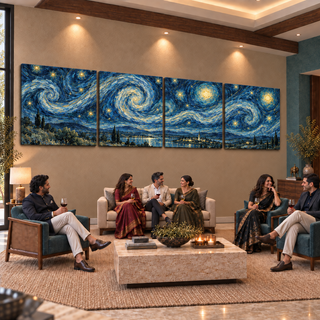 Midnight Reverie: Four-panel canvas set in a styled living room with adults socialising.