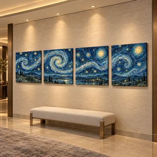 Midnight Reverie: Four-panel canvas set in a hotel hallway.