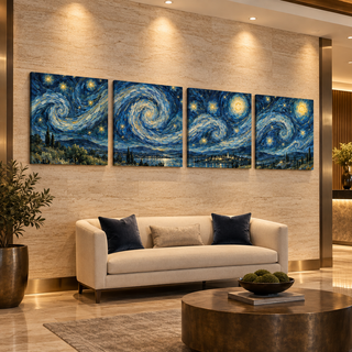 Midnight Reverie: Four-panel canvas set in a hotel lobby.