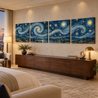 Midnight Reverie: Four-panel canvas set in a spacious hotel suite.