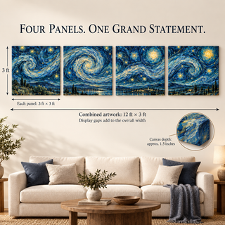 Midnight Reverie: Size guide showing four 36-inch square panels and 144-inch combined artwork width excluding gaps.