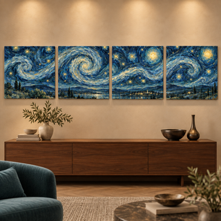 Midnight Reverie: Straight view of four square canvas panels.